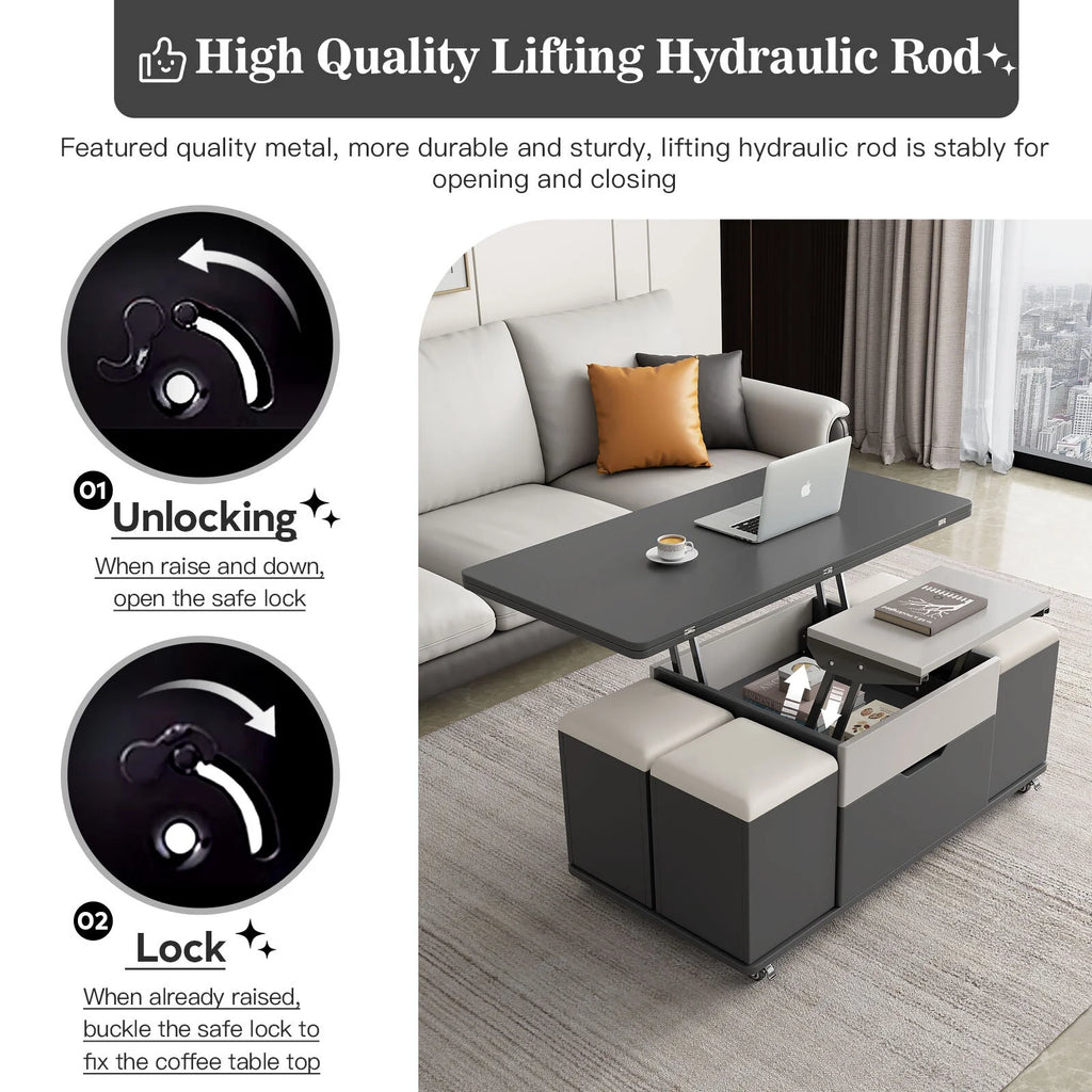 3 in-1 Lift Top Coffee Table with 4 PU Stools E8266