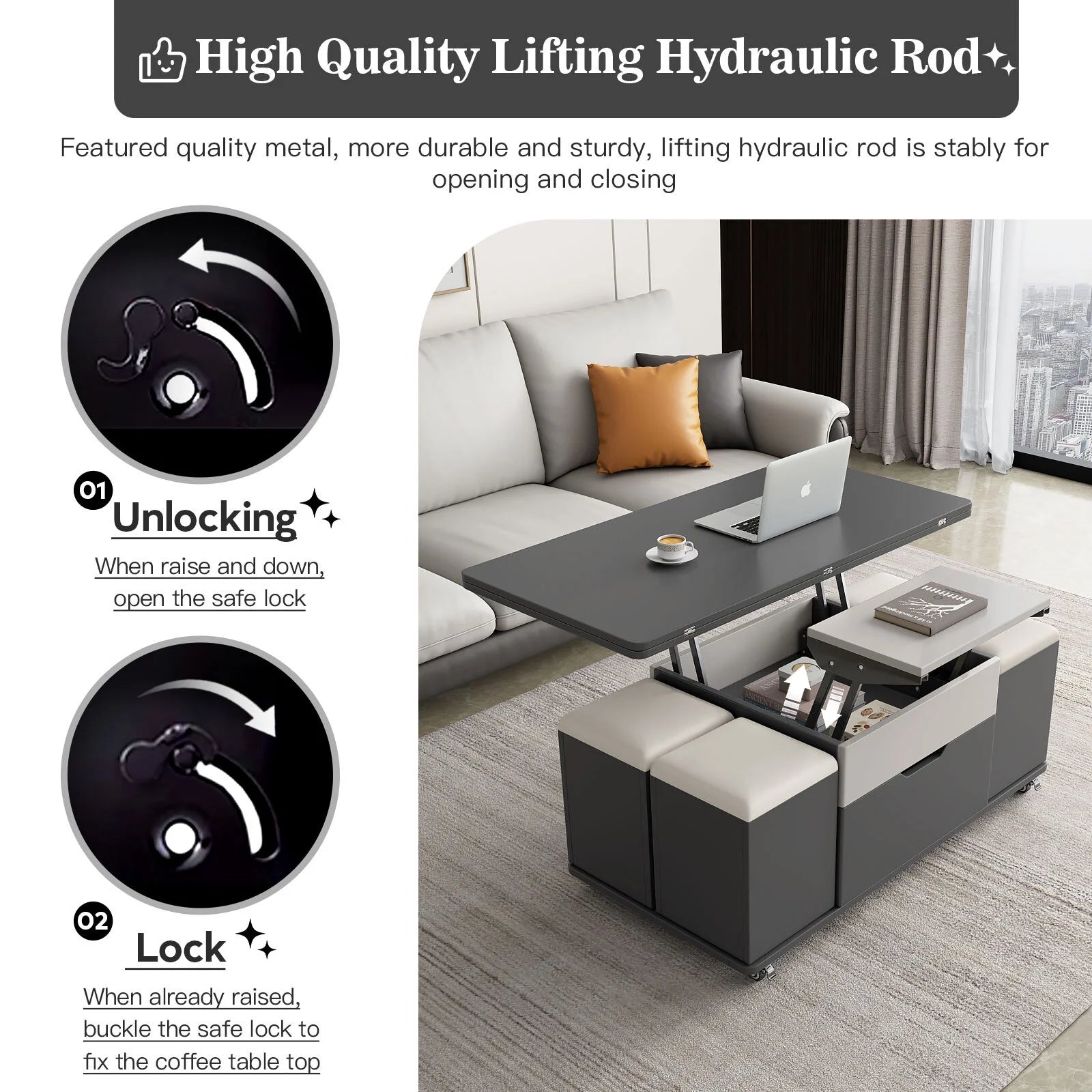 3 in-1 Lift Top Coffee Table with 4 PU Stools E8266
