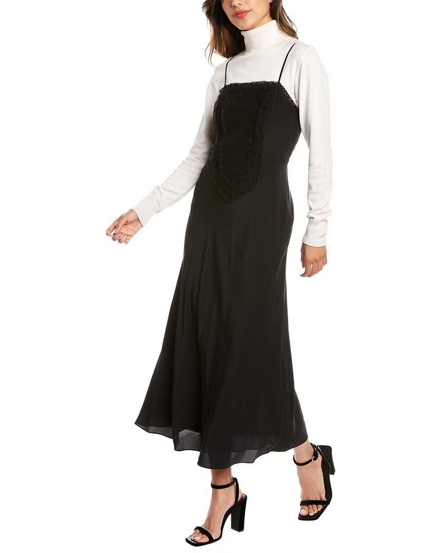 Black Patchwork Lace Silk Maxi Dress Q600053