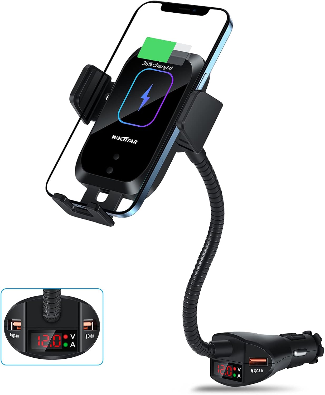 Car Cigarette Lighter Wireless Charger Phone Holder Mount, 15W Qi Fast Wireless Charging Cradle, Dual USB, Pack of 2 F83616