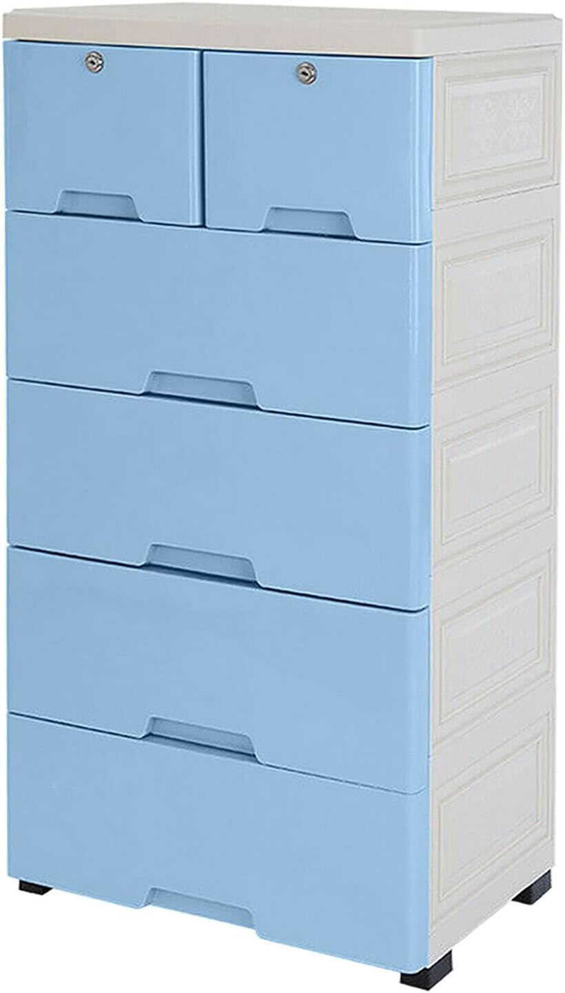 6 Drawer Plastic Dresser Storage with 4 Wheels and 2 Small Cabinets (Blue) G29830