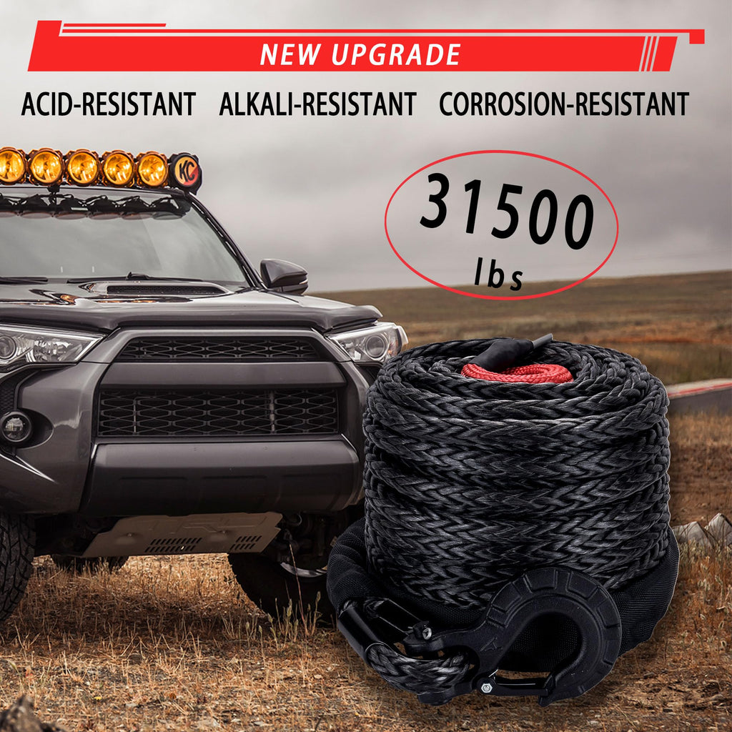 Synthetic Winch Rope Kit 1/2" x 92' 32000 lbs with Protective Sleeve, Heavy Duty Hook and Safety Pull Strap W19116