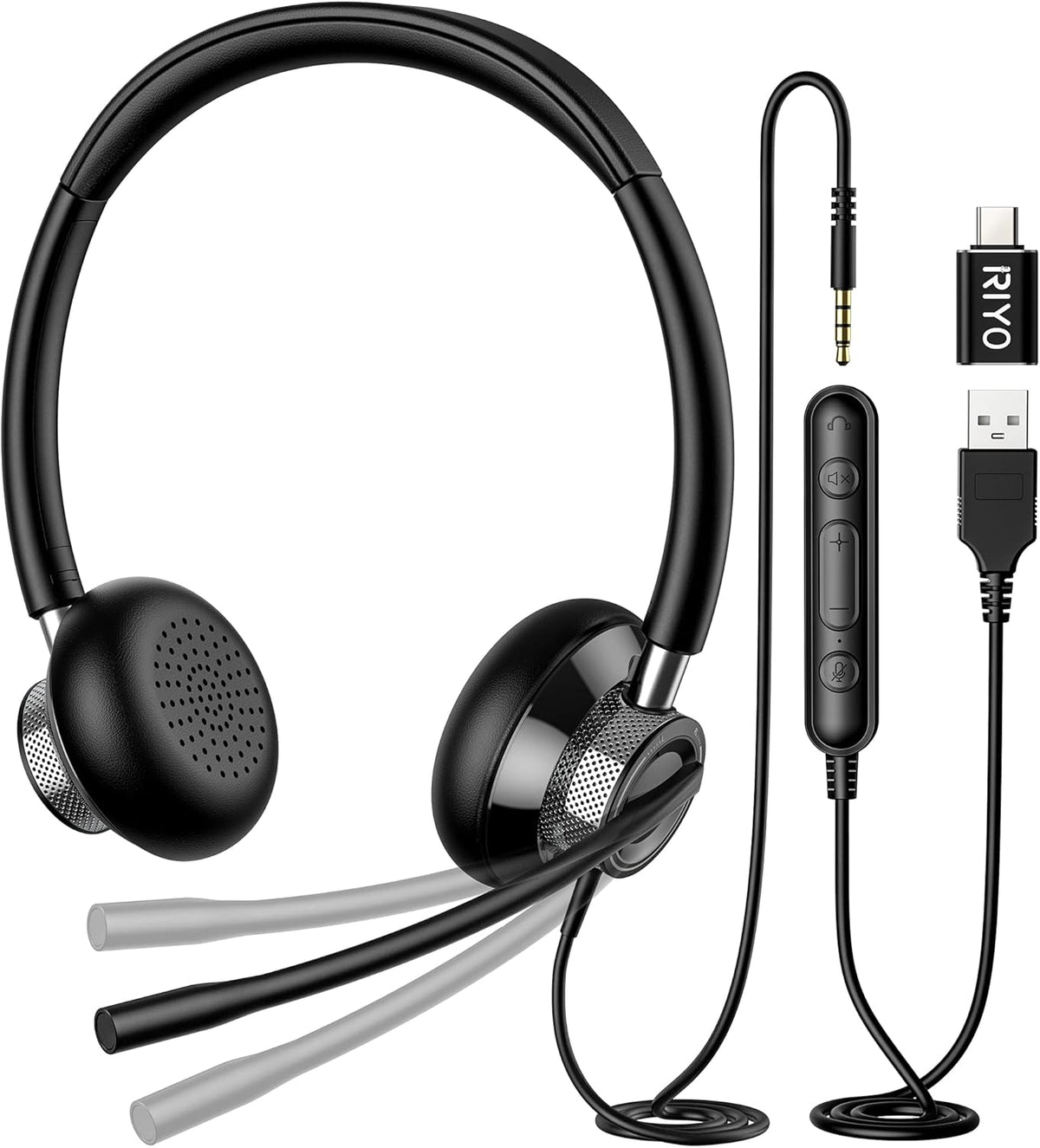 USB Headset with Rotatable Mic, Stereo Wired Headset, USB-C Adapter, Pack of 2 R421010