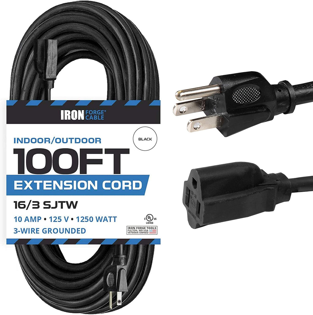 Black 16/3 100 Ft Outdoor Extension Cord with 3 Prong Grounded Plug A996