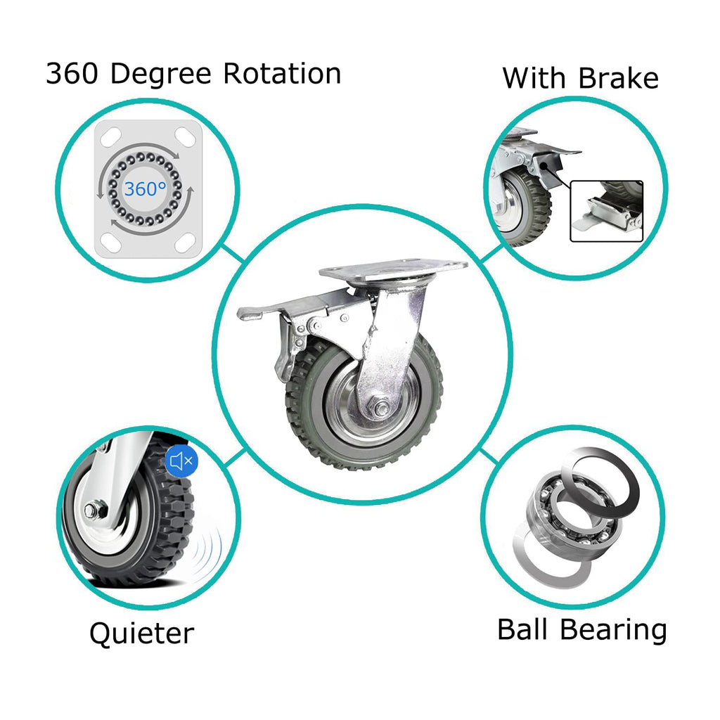 6 Inch Heavy Duty Solid Rubber Swivel Casters with Locking Brakes B491