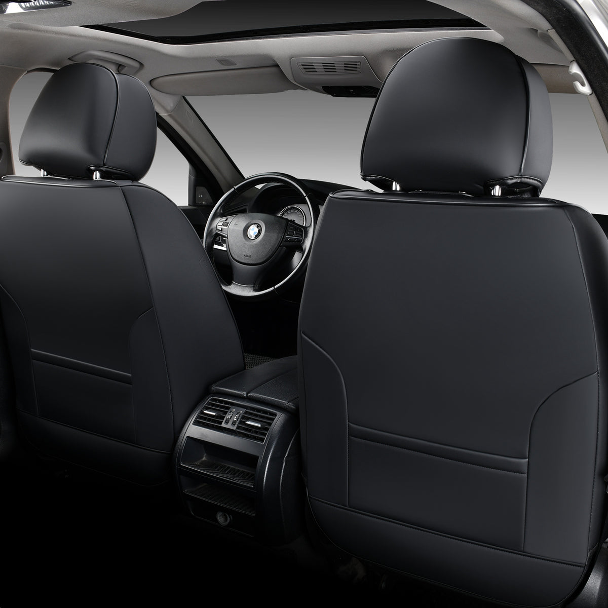 Black Suede and Leather Front and Rear Car Seat Covers, 5 Seats V156