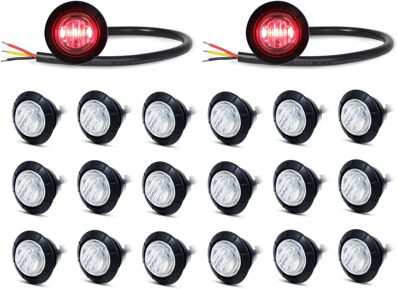 Pack of 20 3/4 Inch Round Clear Lens Amber 3 Diodes Side Marker Lights 12V DC H626444
