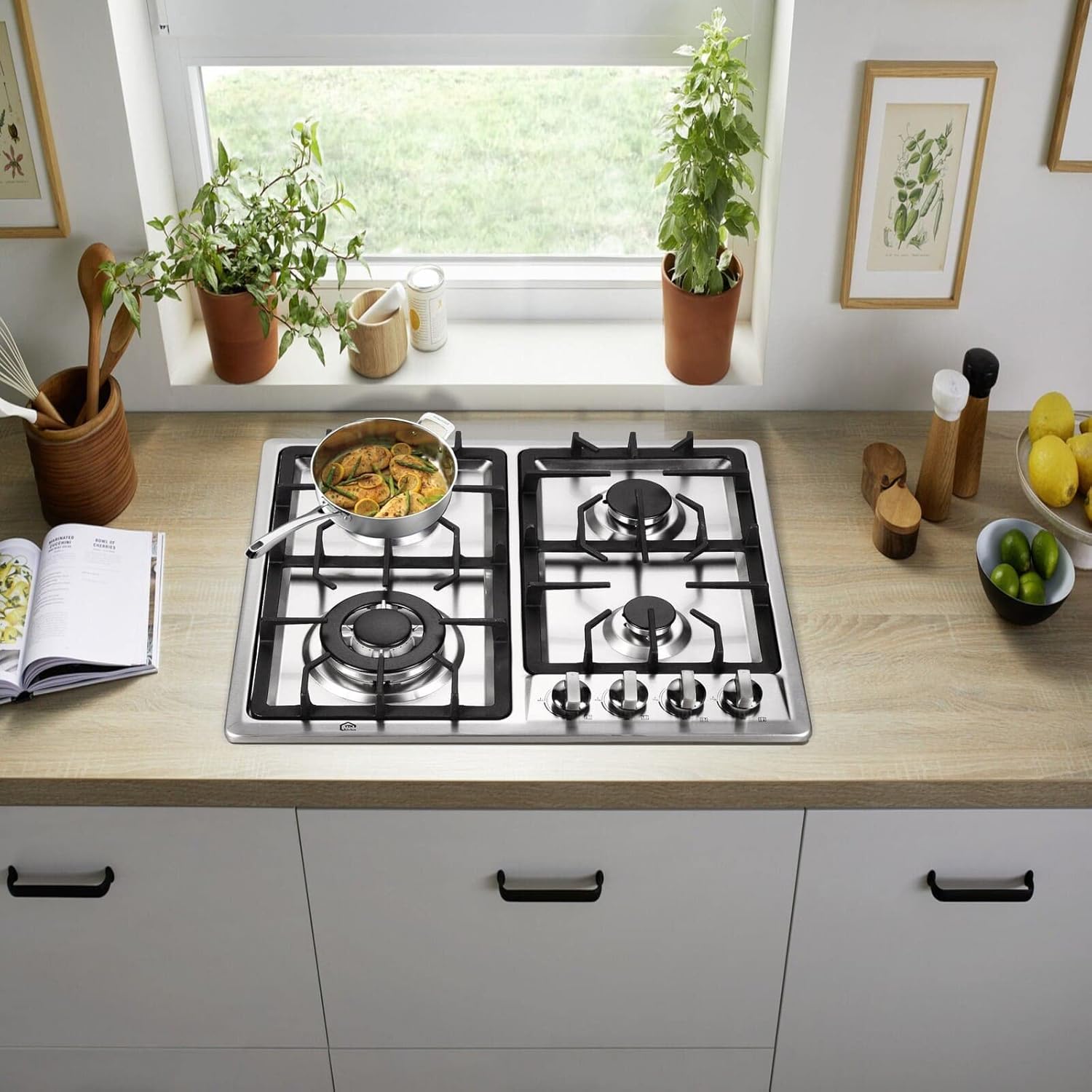 24 Inch Built-In 4 Burners Gas Cooktop, Stainless Steel V715