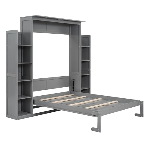 Gray Full Size Wooden Murphy Bed with Shelves and LED Lights O37251