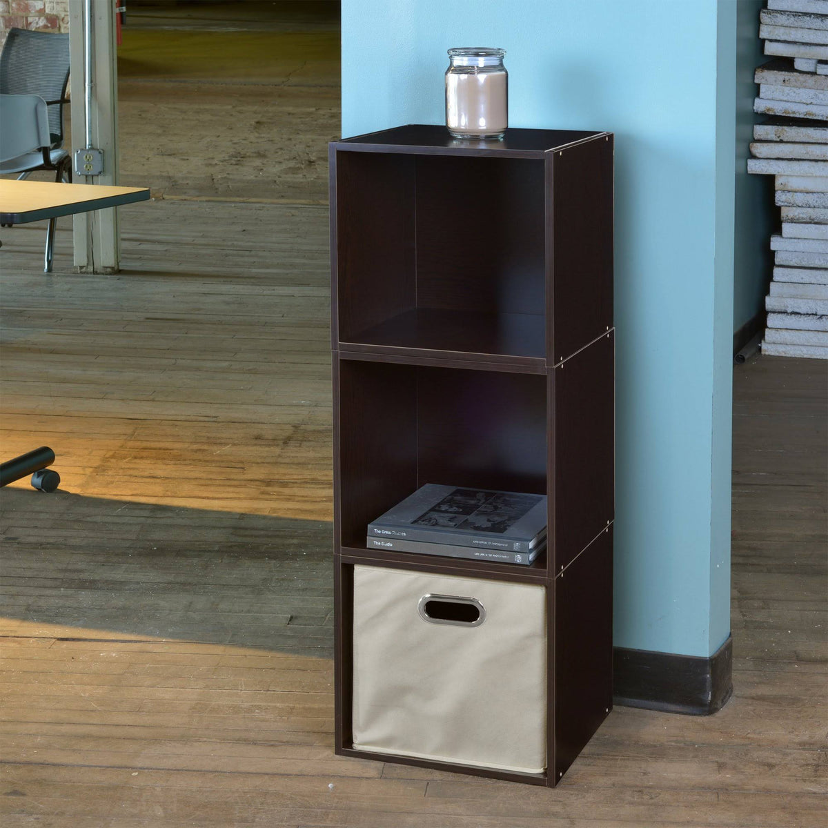 White Wood Grain/Blue 3 Cubes Storage Set with 1 Canvas Bin E30881