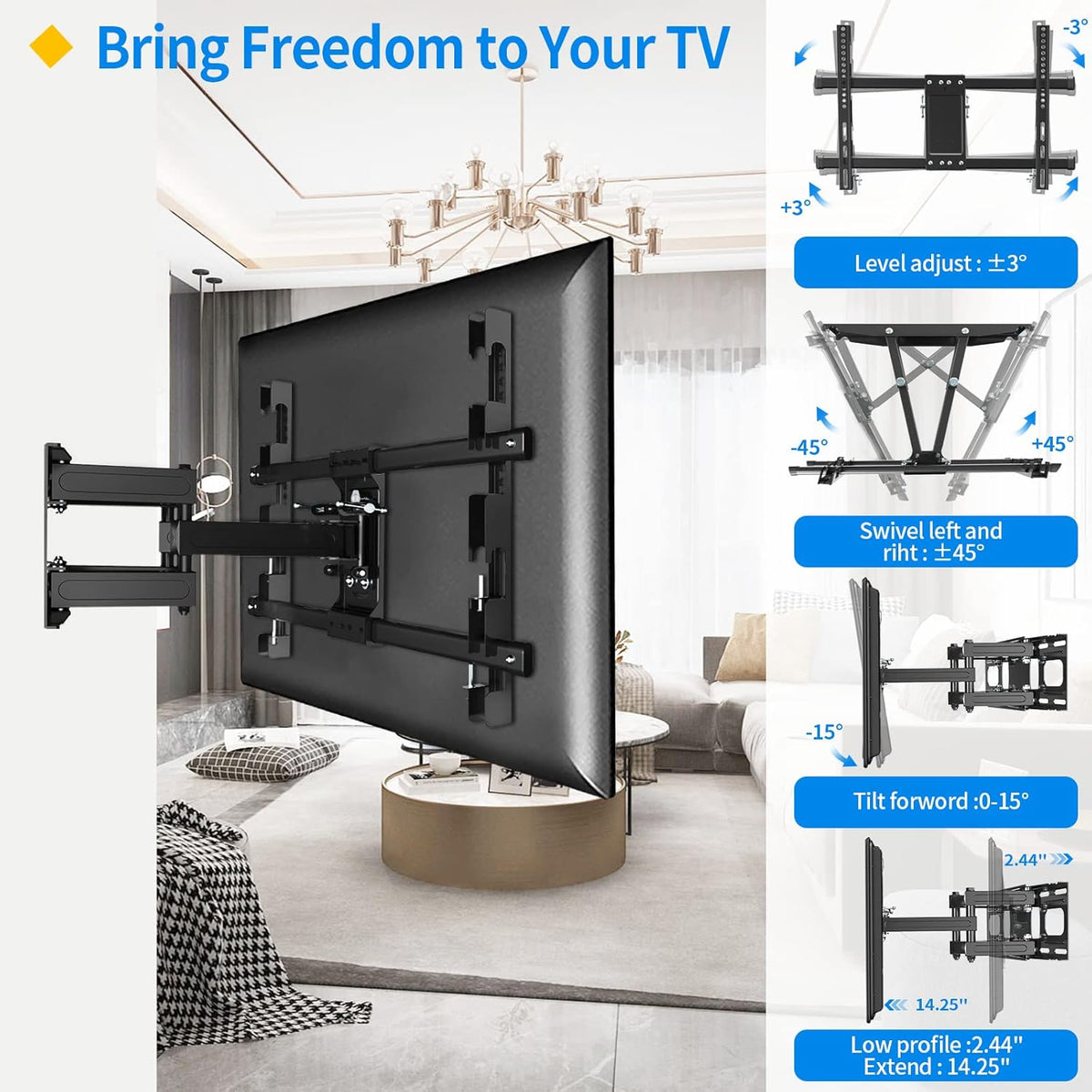 Full Motion TV Wall Mount for 37-75 Inch LED Flat Curved TVs, Max VESA 600x400mm, Holds 121 LBS, Pack of 2 E386