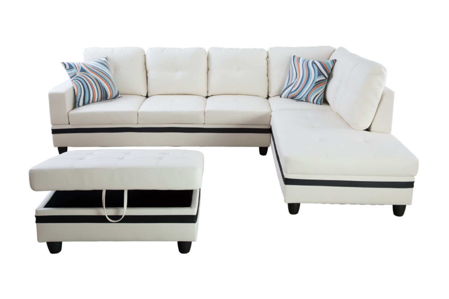 Black&White Leather Sectional Sofa Set with Storage Ottoman and Matching Pillows U499