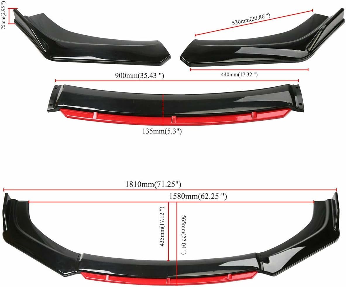 Glossy Black Red Front Bumper Lip Spoiler Splitter Diffuser Body Kits Pack of 2 A1849