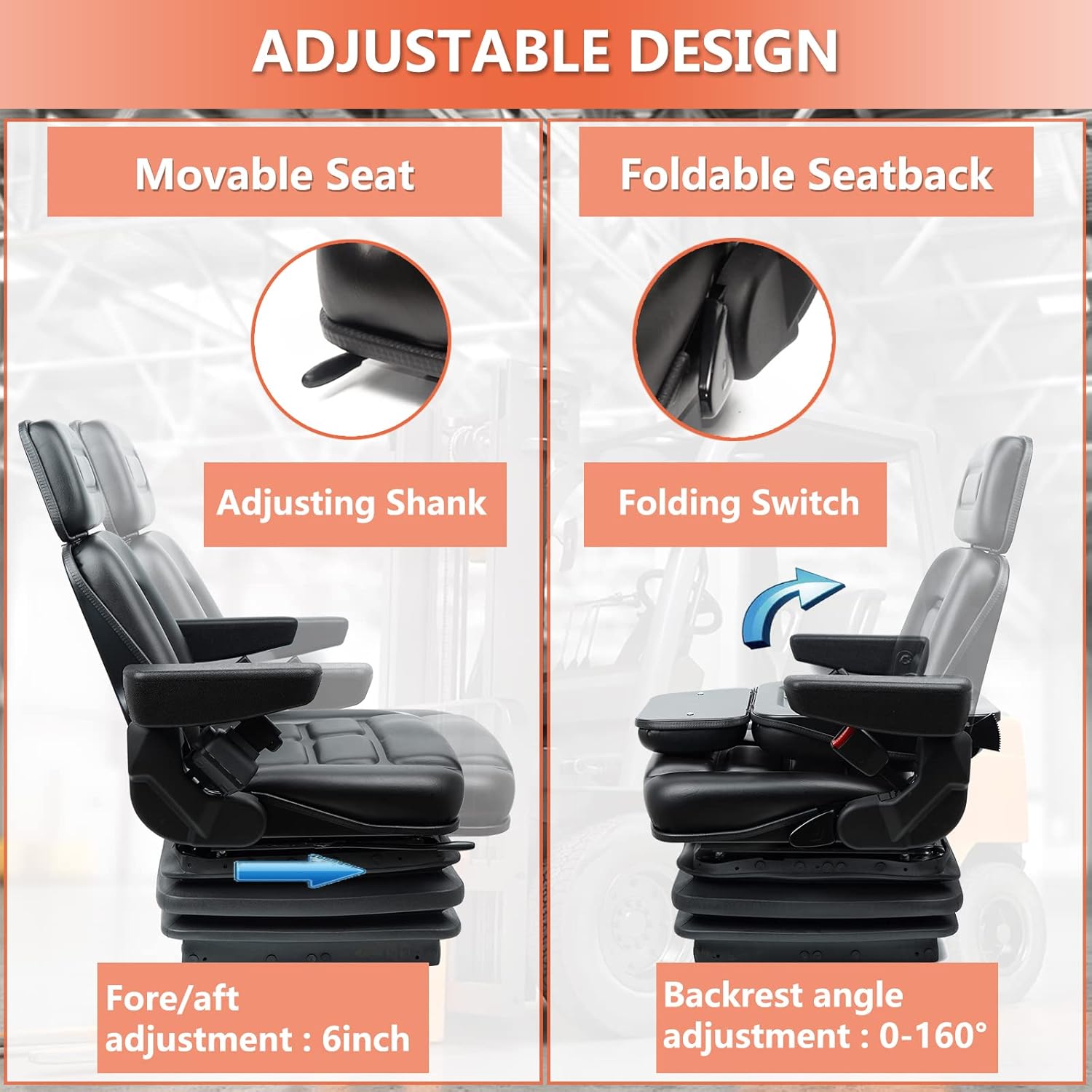 Universal Suspension Forklift Seat with Adjustable Angle Back, Armrest and Safety Belt O202