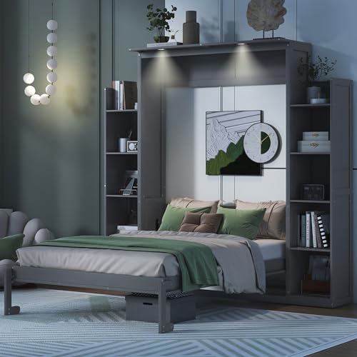 Gray Full Size Wooden Murphy Bed with Shelves and LED Lights O37251