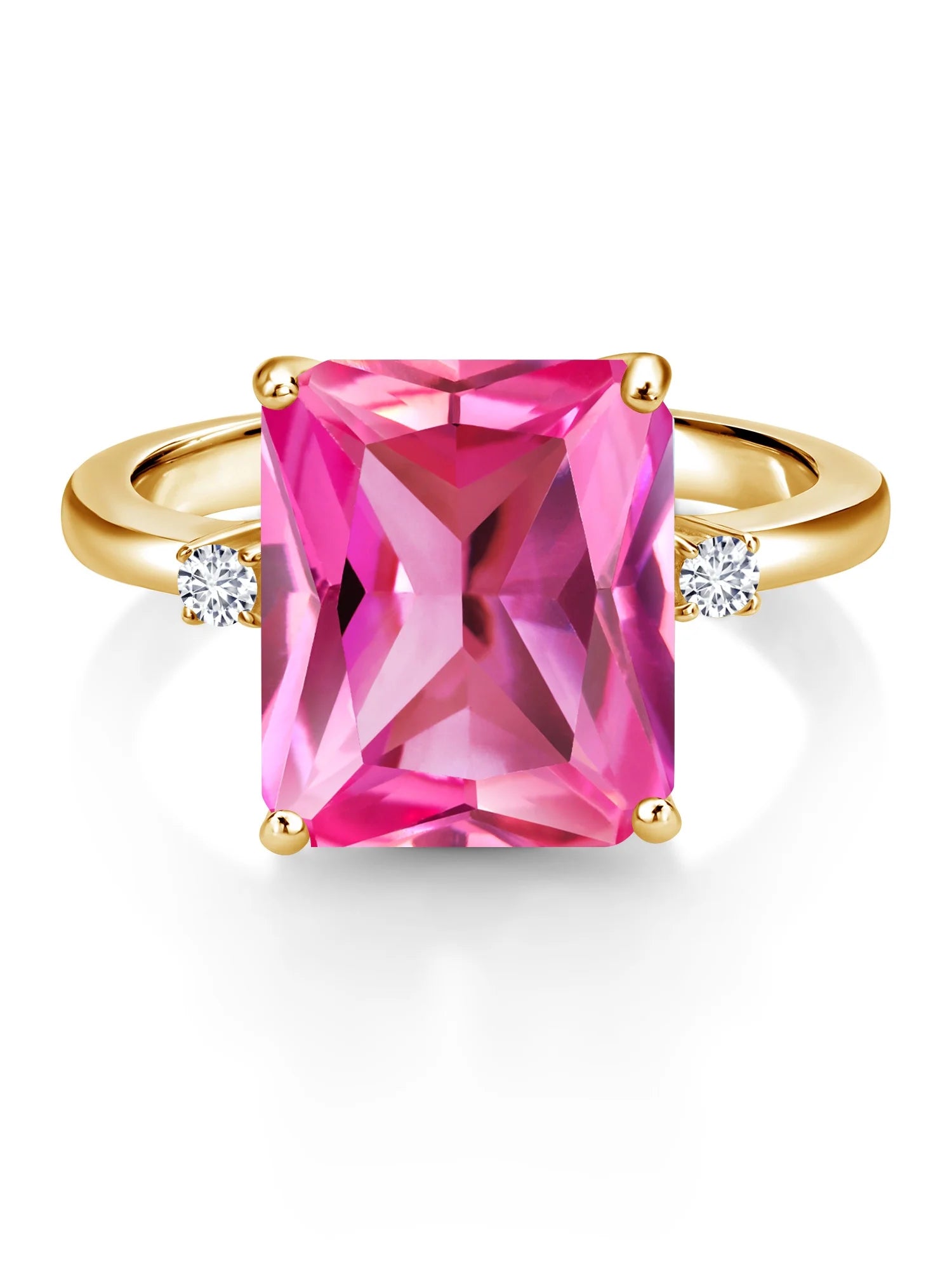 18K Yellow Gold Plated Silver 12X10MM Pink Created Sapphire and 2MM White Diamond 3 Stone Engagement Ring W71308