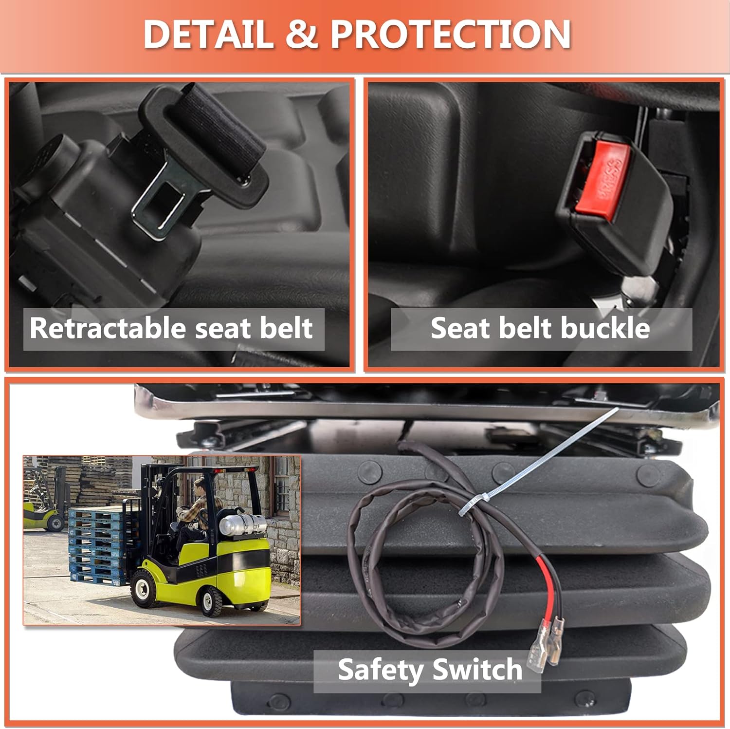 Universal Suspension Forklift Seat with Adjustable Angle Back, Armrest and Safety Belt O202