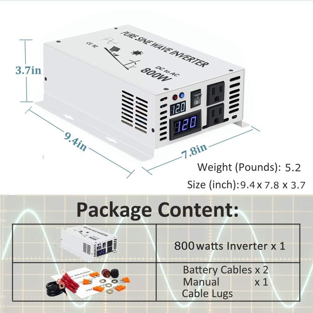 800w 12v 120v DC AC Power Inverter Converter Pure Sine Wave Z5774