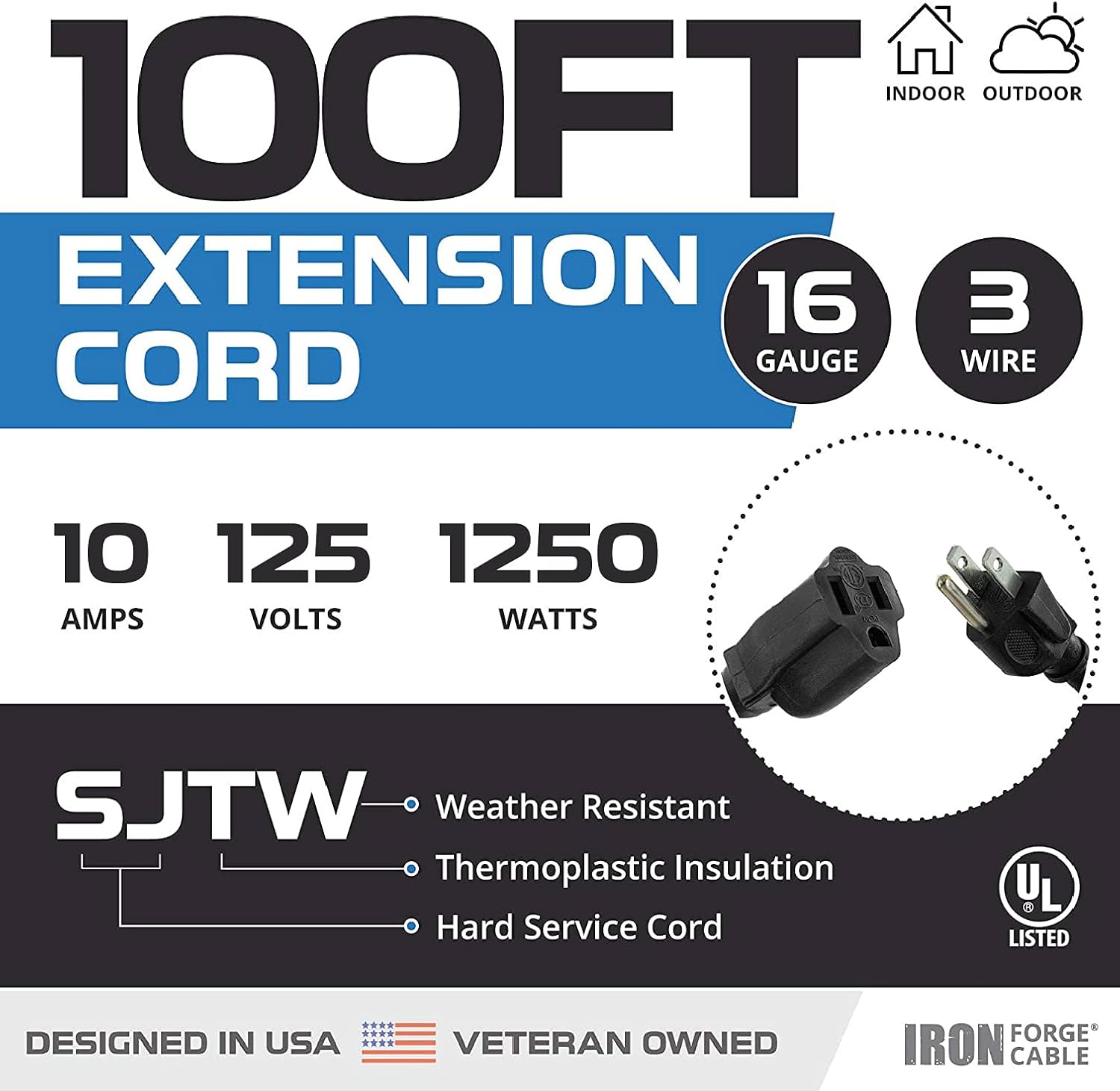 Black 16/3 100 Ft Outdoor Extension Cord with 3 Prong Grounded Plug A996