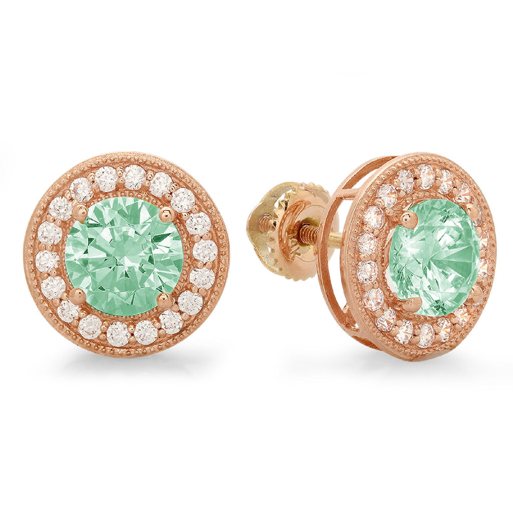 Green Simulated Diamond Halo Stud Earrings 18K Rose Gold Screw Back F6056
