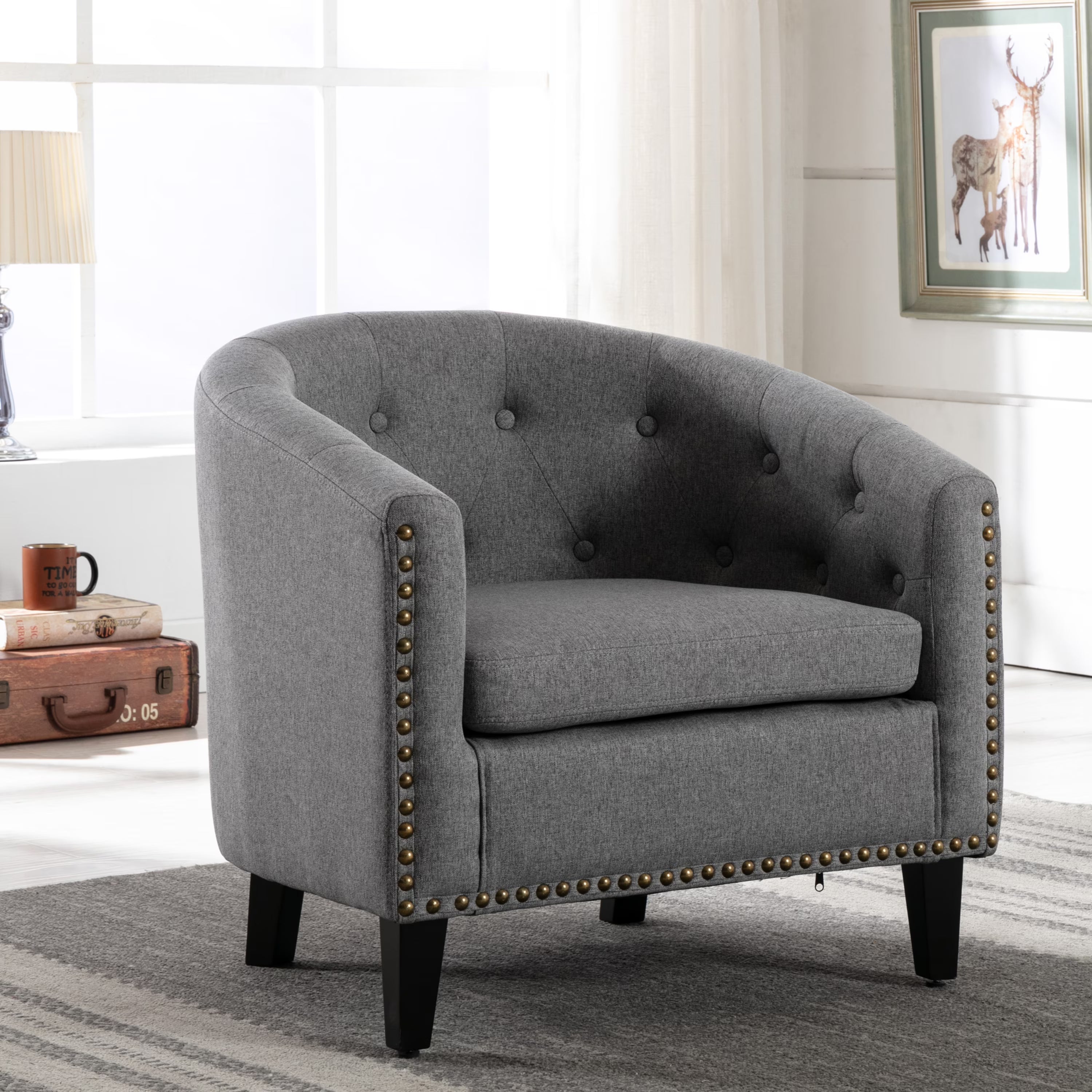 Linen Fabric Tufted Barrel Chair D490383