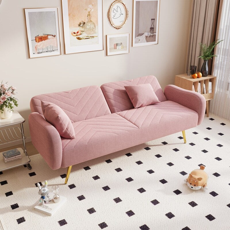 Pink Linen Double Sofa Bed with Split Backrest I712