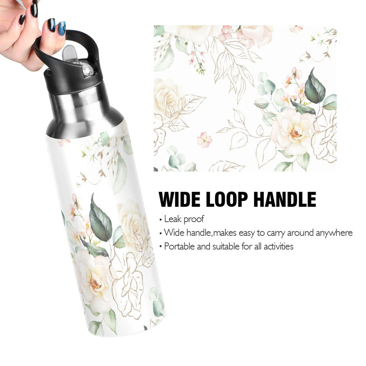 White Roses Stainless Steel Insulated Water Bottle with Straw Lid Z59172