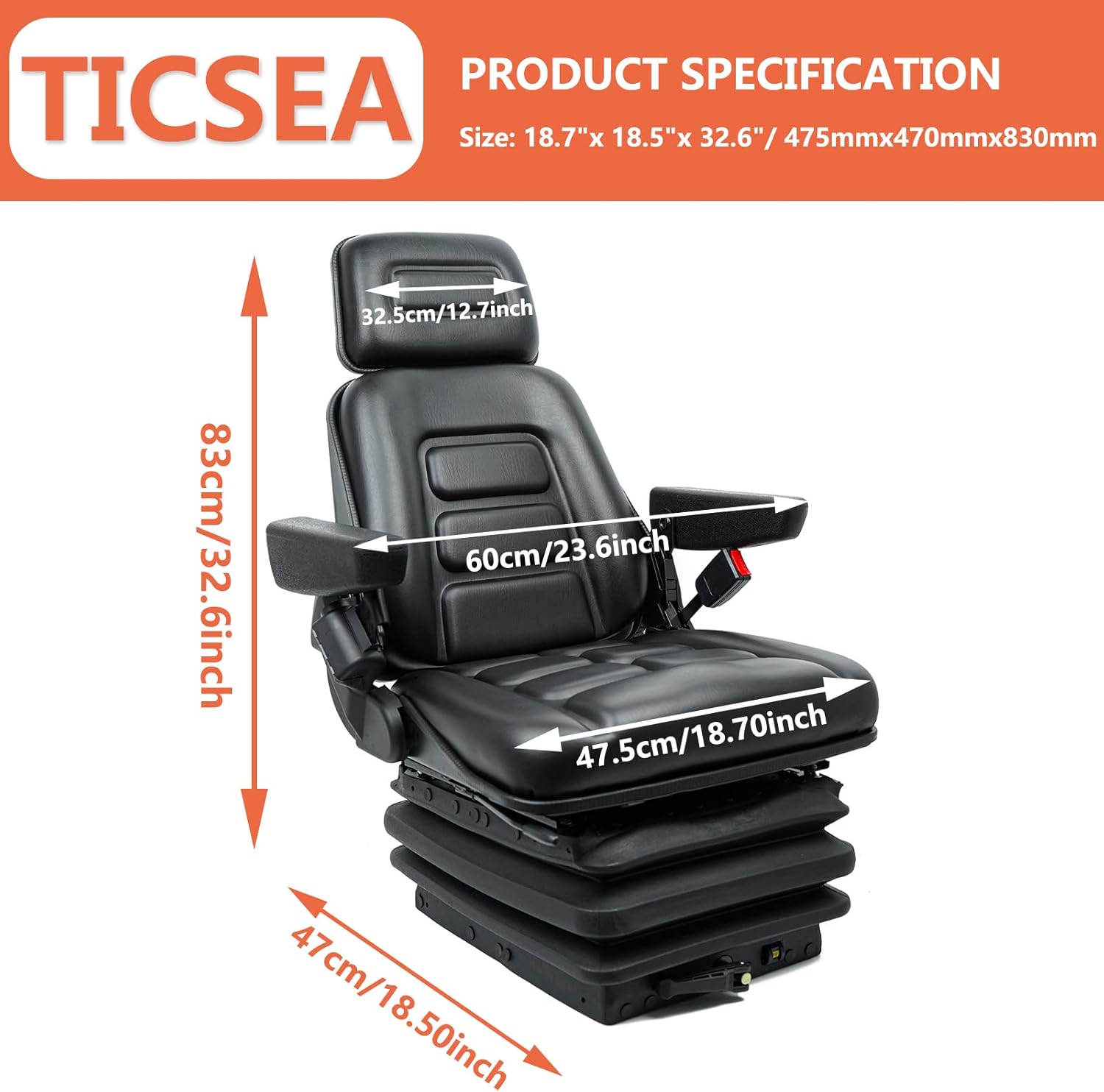 Universal Suspension Forklift Seat with Adjustable Angle Back, Armrest and Safety Belt O202