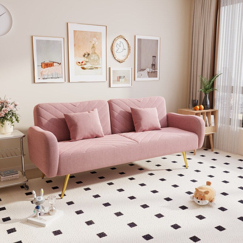 Pink Linen Double Sofa Bed with Split Backrest I712