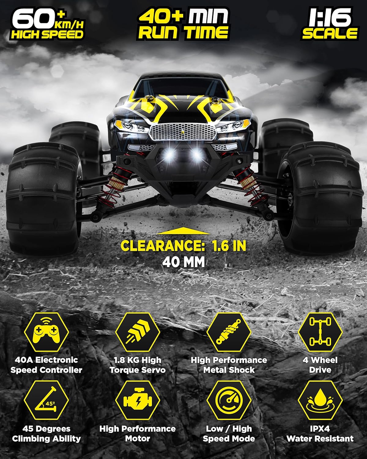 Black Yellow 1:16 Scale Brushless RC Car C575