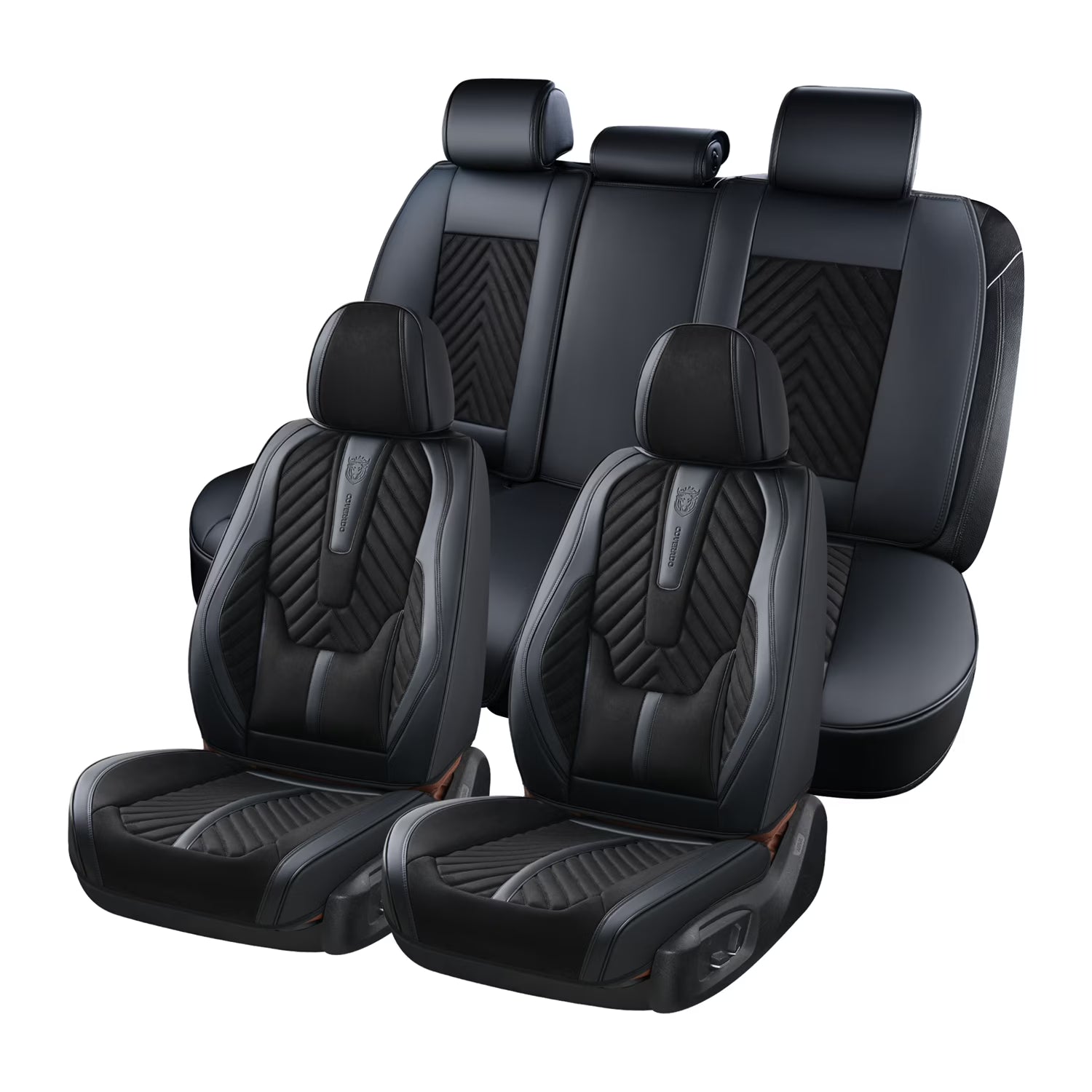 Black Suede and Leather Front and Rear Car Seat Covers, 5 Seats V156