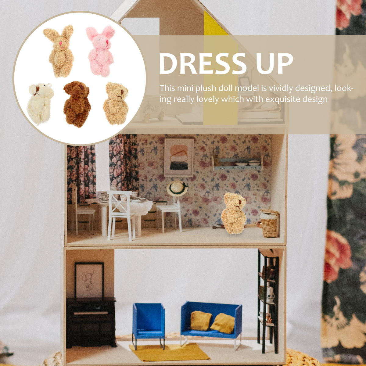 5pcs Miniature Plush Bear Rabbit Doll House Decoration Prop V5803