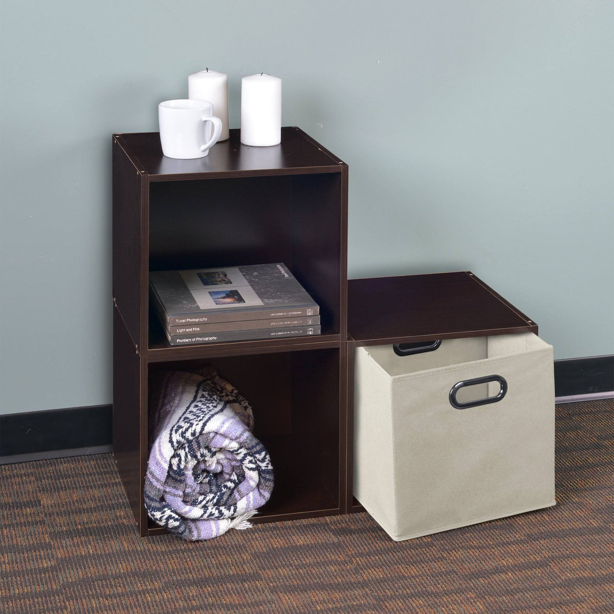 White Wood Grain/Blue 3 Cubes Storage Set with 1 Canvas Bin E30881