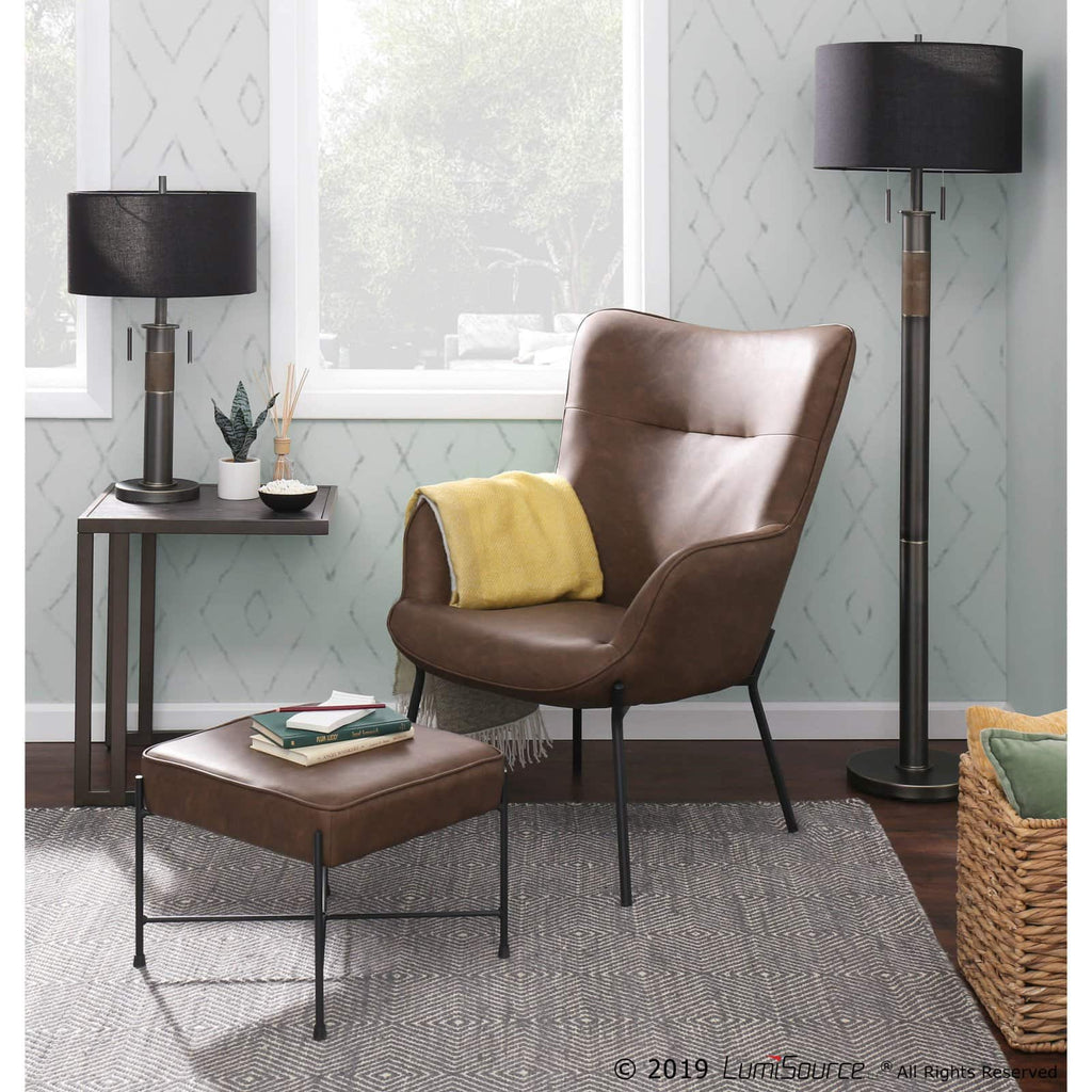 Industrial Lounge Chair and Ottoman Set in Black Metal and Espresso Faux Leather D2163