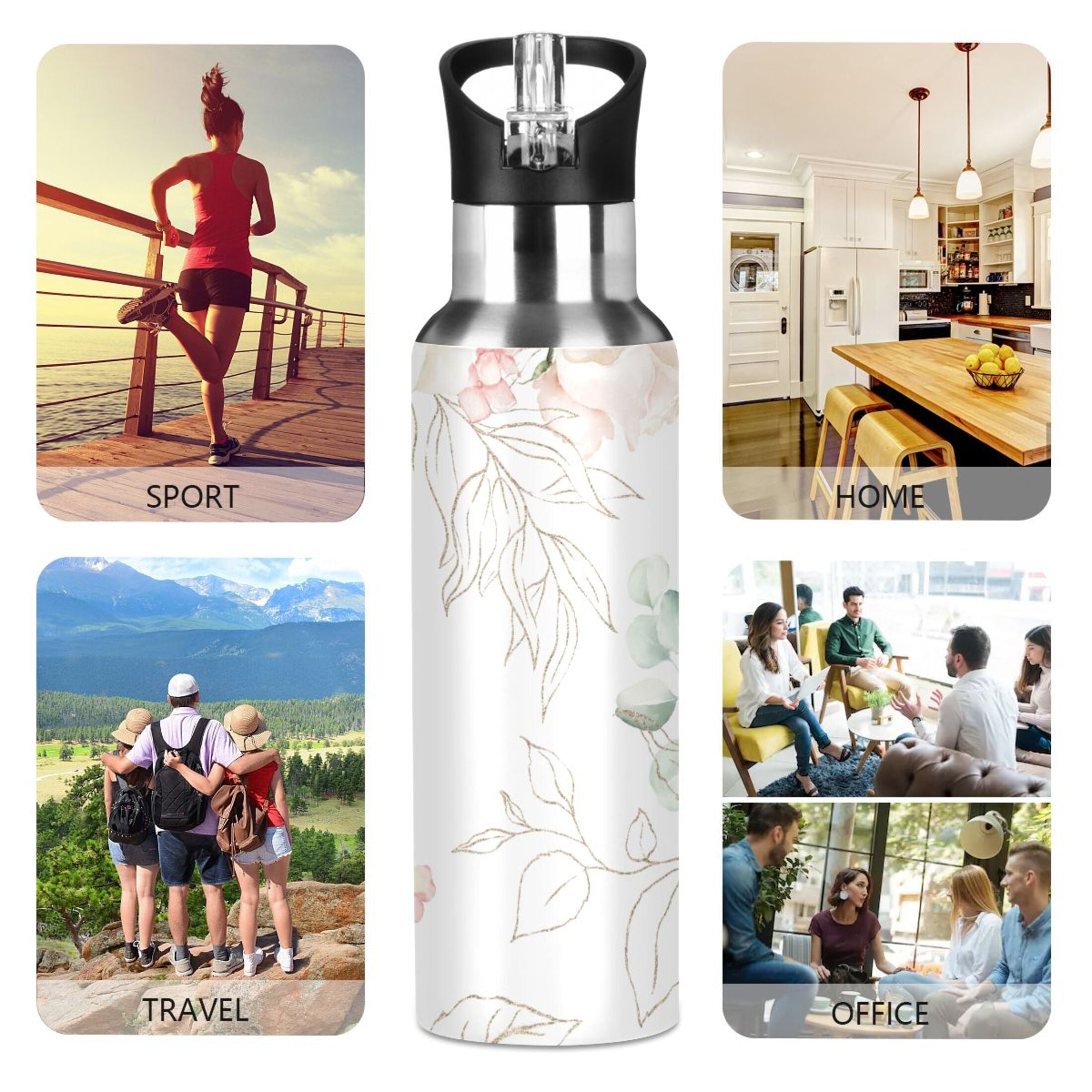White Roses Stainless Steel Insulated Water Bottle with Straw Lid Z59172
