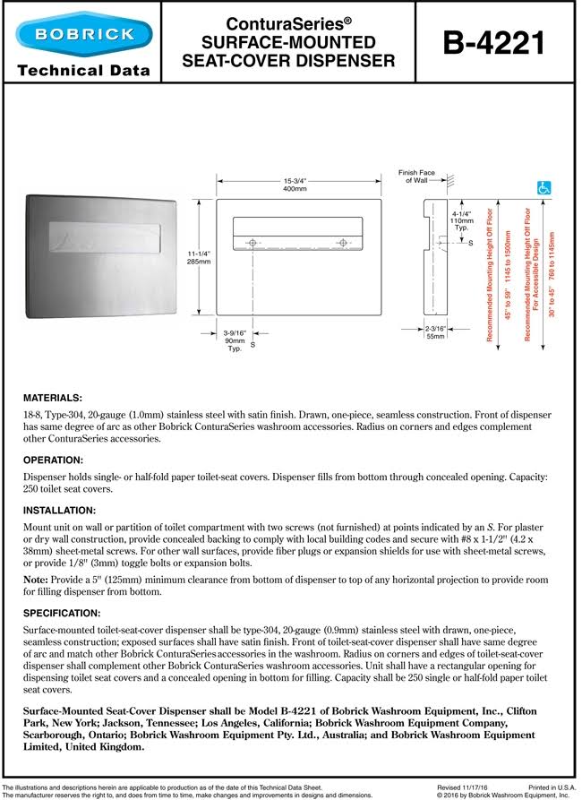 Toilet Seat Cover Dispenser, Satin Stainless Steel R1787