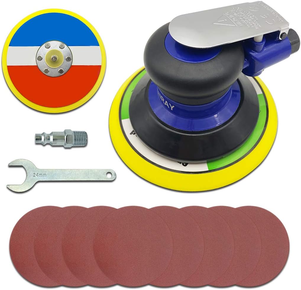 6-Inch Dual Action Pneumatic Palm Sander with 8Pcs Sandpapers F35512
