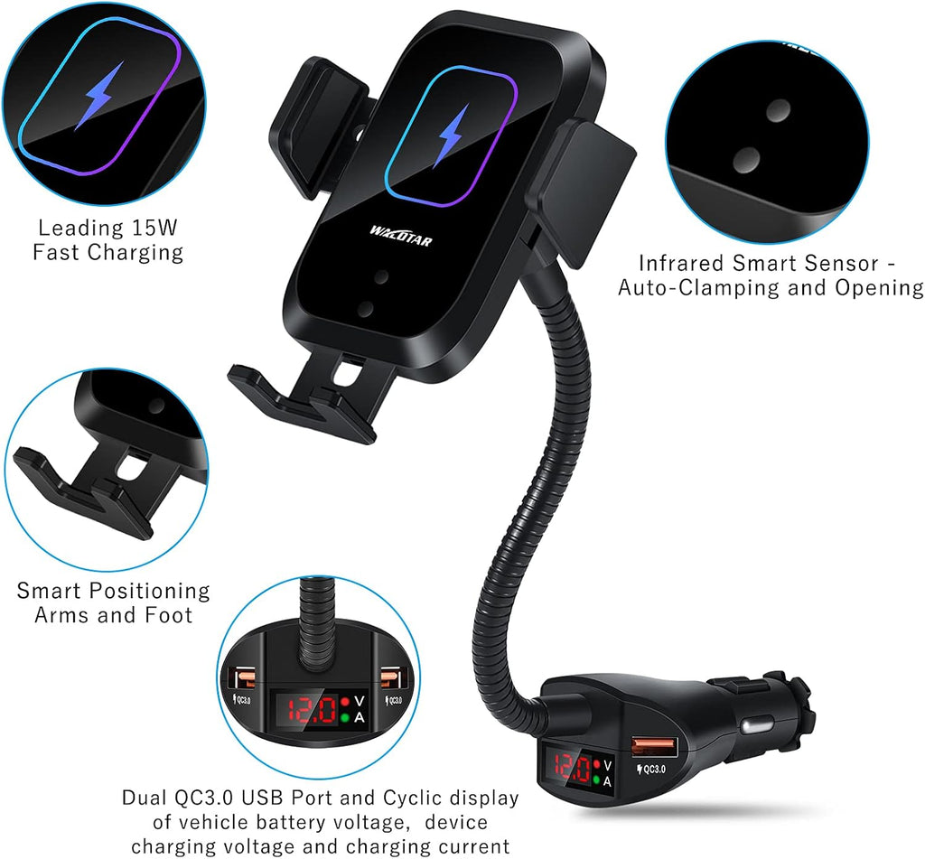 Car Cigarette Lighter Wireless Charger Phone Holder Mount, 15W Qi Fast Wireless Charging Cradle, Dual USB, Pack of 2 F83616
