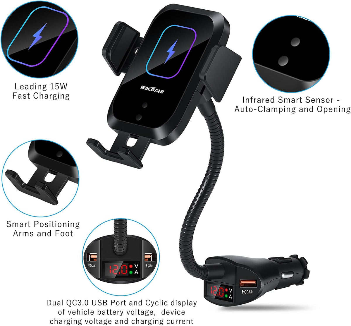 Car Cigarette Lighter Wireless Charger Phone Holder Mount, 15W Qi Fast Wireless Charging Cradle, Dual USB, Pack of 2 F83616