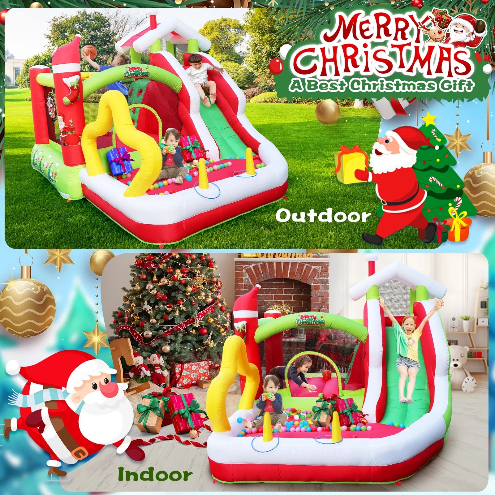 Christmas Jump 'n Slide Inflatable Bouncer with Blower, 130x108x92 inch B879