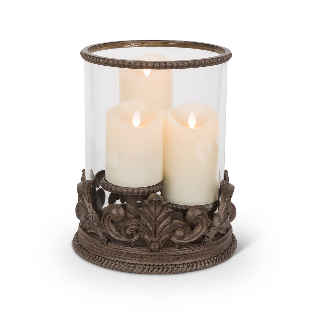 Metal Acanthus Triple Candle Holder with Glass Hurricane B5206