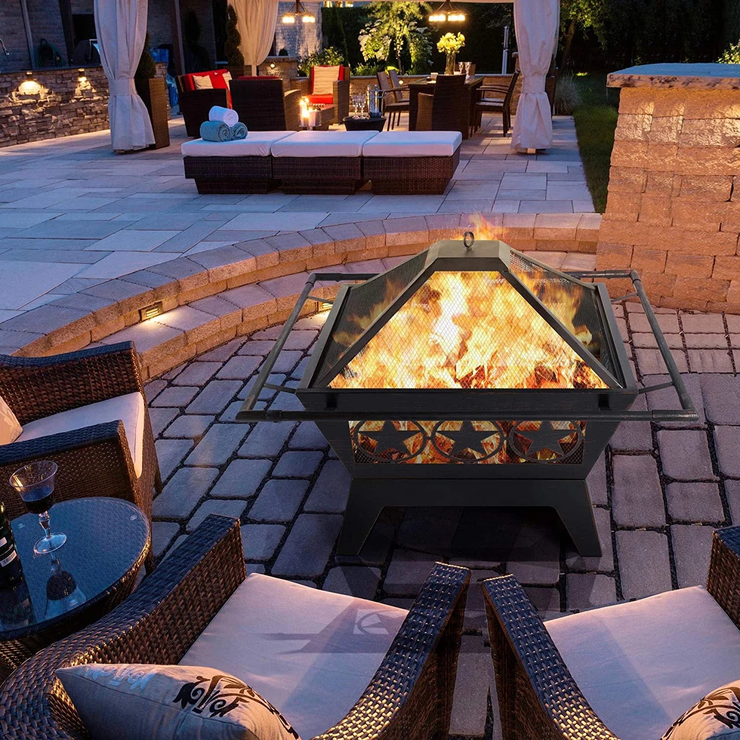 32in Square Wood Burning Fire Pit with Spark Screen, Mesh Cover, Poker V8228