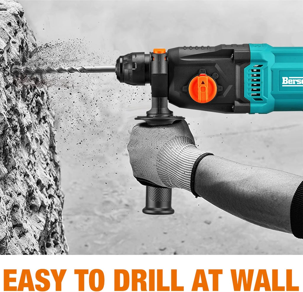 7 Amp 4 Functions Corded Rotary Hammer Drill with Safety Clutch, Including 3 Drill Bits, Flat Chisel, Point Chisel, Carrying Case O97871