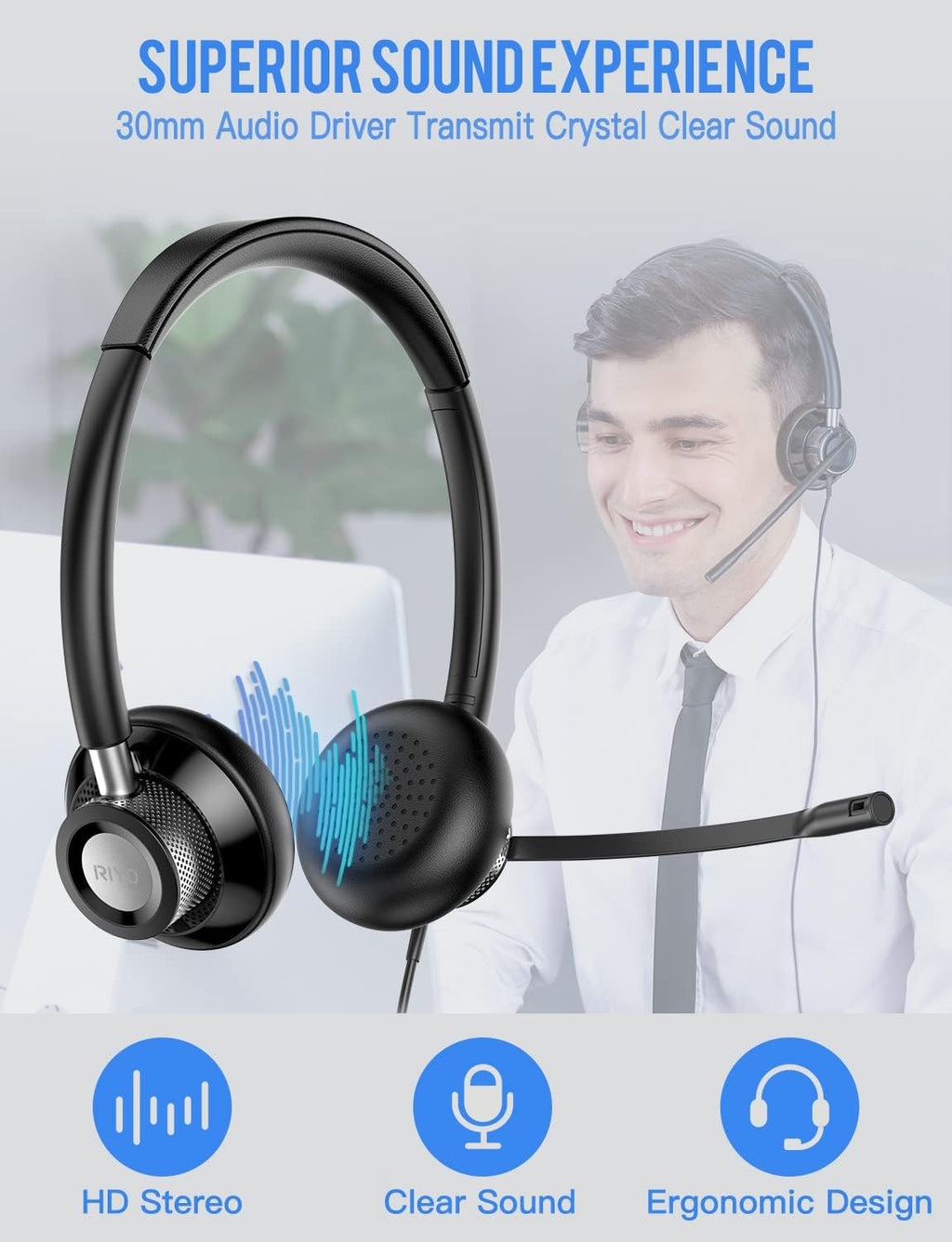 USB Headset with Rotatable Mic, Stereo Wired Headset, USB-C Adapter, Pack of 2 R421010