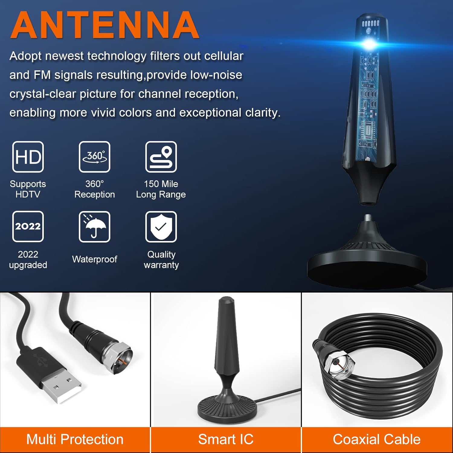 Indoor Amplified HDTV Antenna with 13.4ft Coax Cable and USB Power Adapter, Pack of 2 C661274