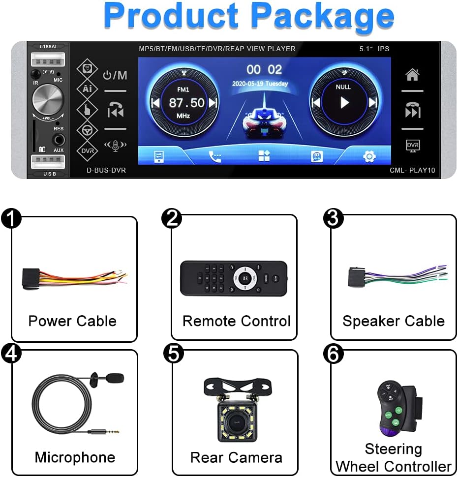 1 Din Bluetooth Touchscreen Car Stereo with Backup Camera I135102