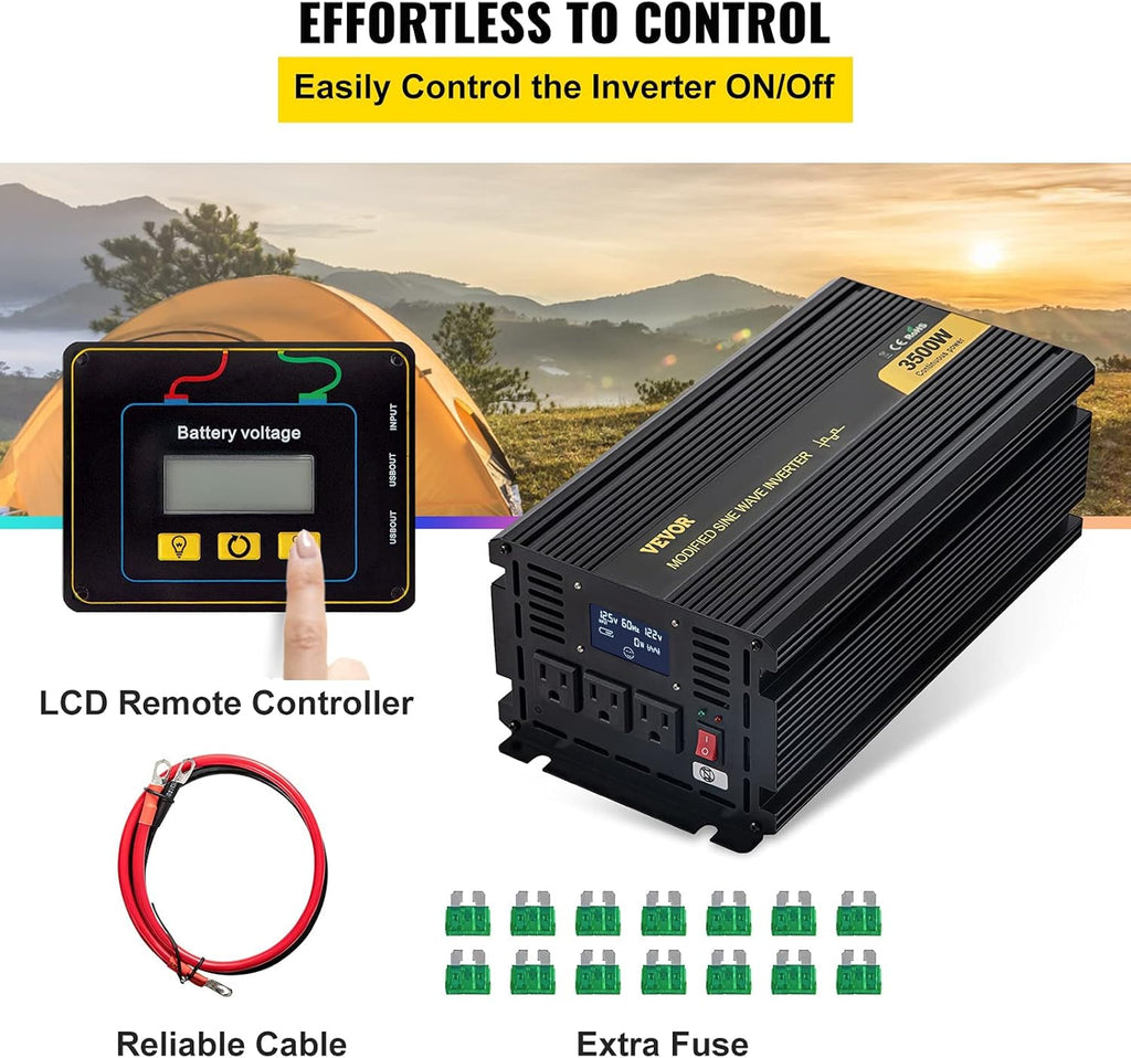 3500W Modified Sine Wave Power Inverter, DC 12V to AC 120V, with LCD Display and Remote Controller X56606
