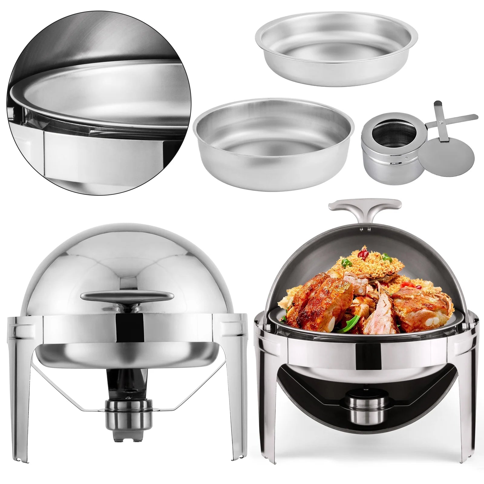2 Packs Stainless Steel 6Qt Round Chafing Dish Buffet Warmer Set with Pans and Fuel Holders T7159