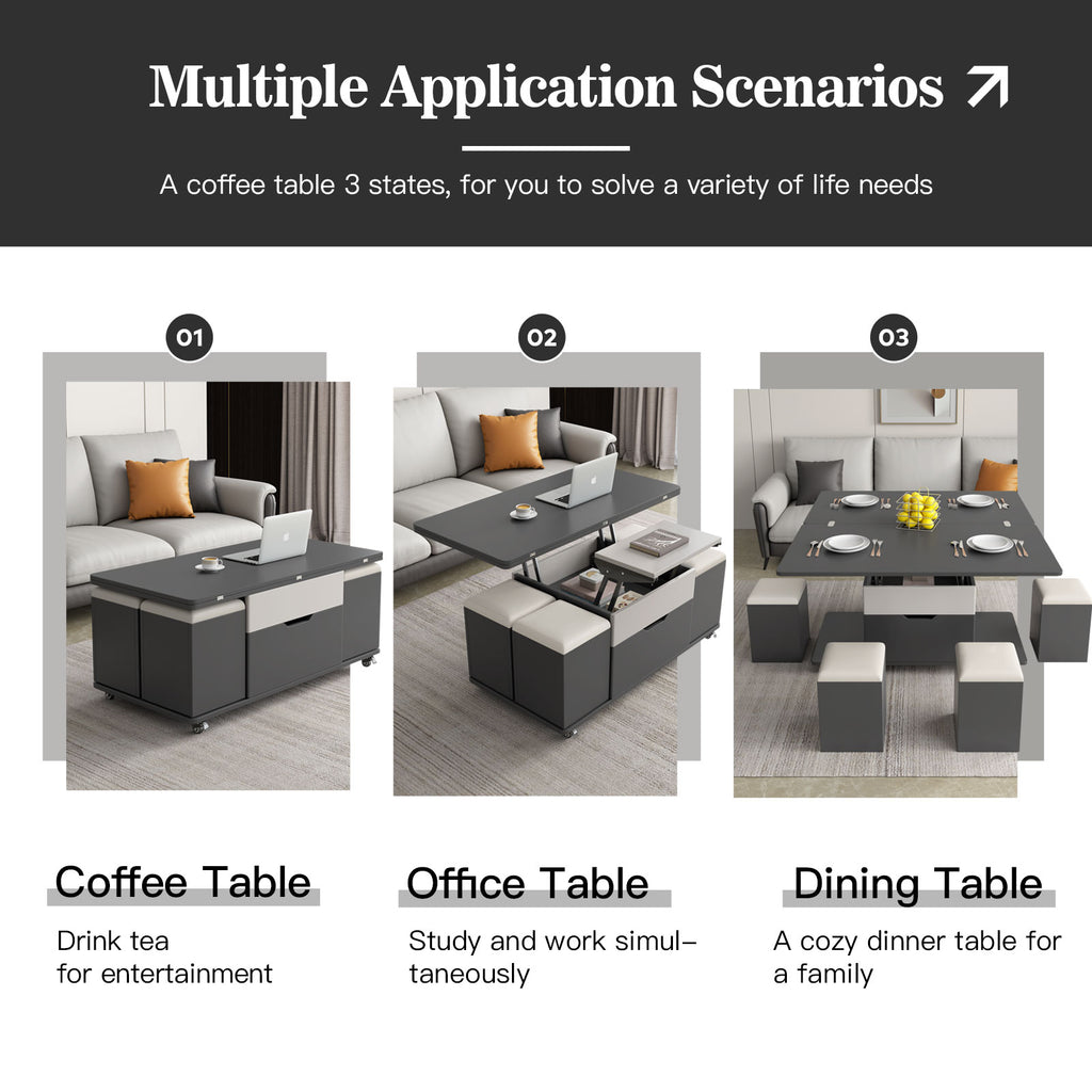 3 in-1 Lift Top Coffee Table with 4 PU Stools E8266