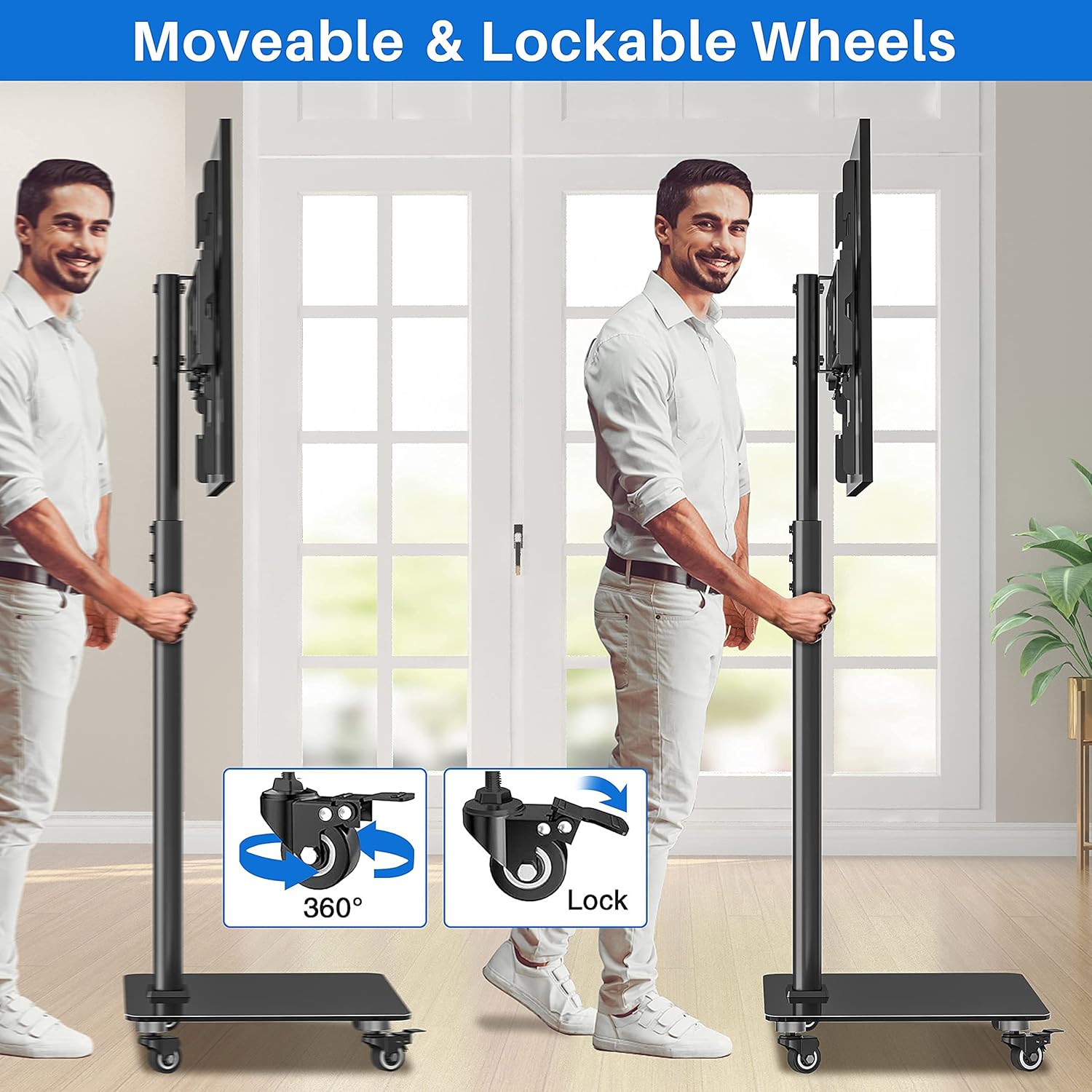 Mobile Tall TV Stand Rolling TV Cart with Wheels, Height Adjustable, Max VESA 600x400mm F884864